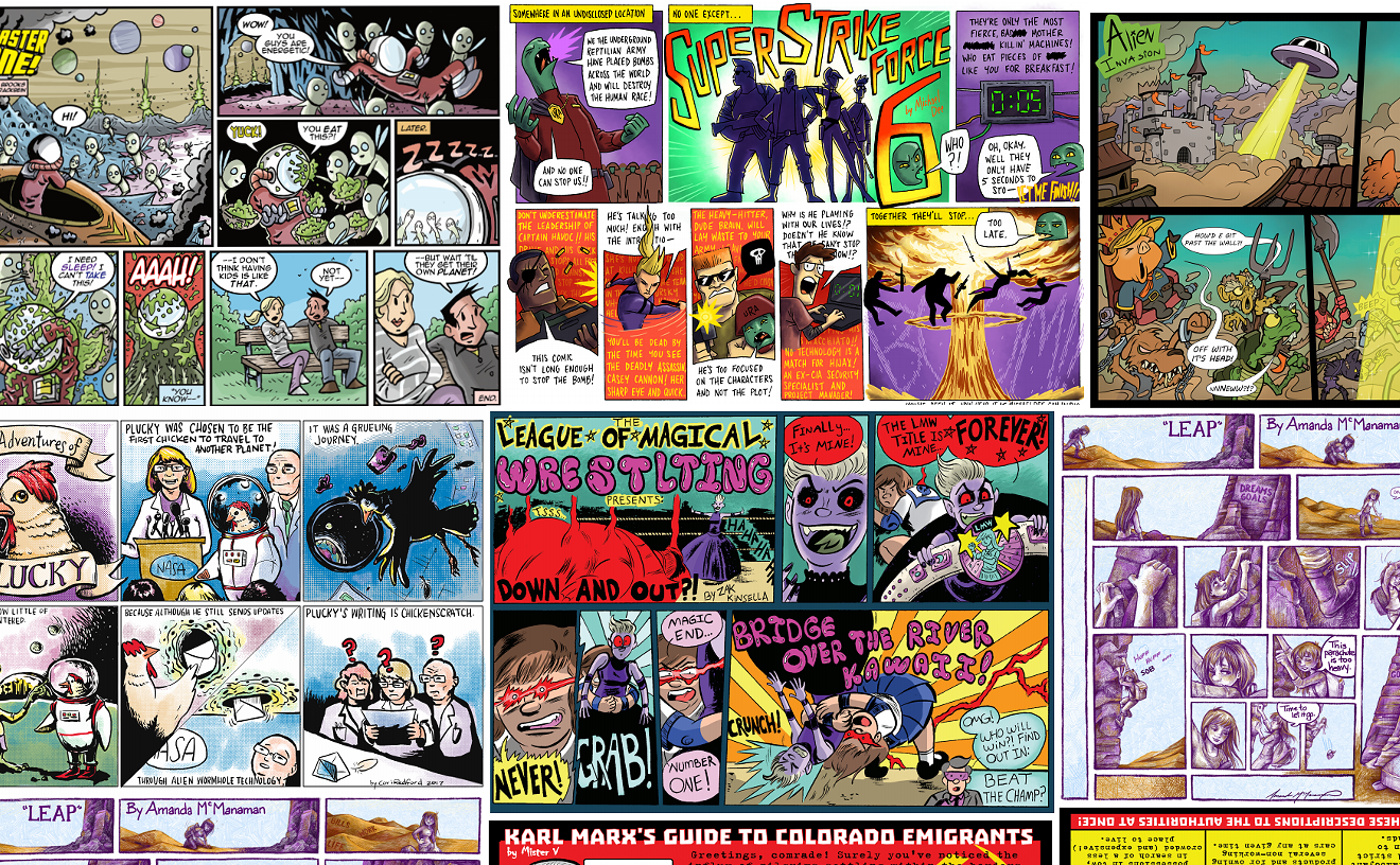 Denver Comix contributions from (by row, left to right) R. Alan Brooks and Matt Strackbein, Michael Dee, Devin Sailors, Cori Redford, Zak Kinsella, Amanda McManaman and Mister V.