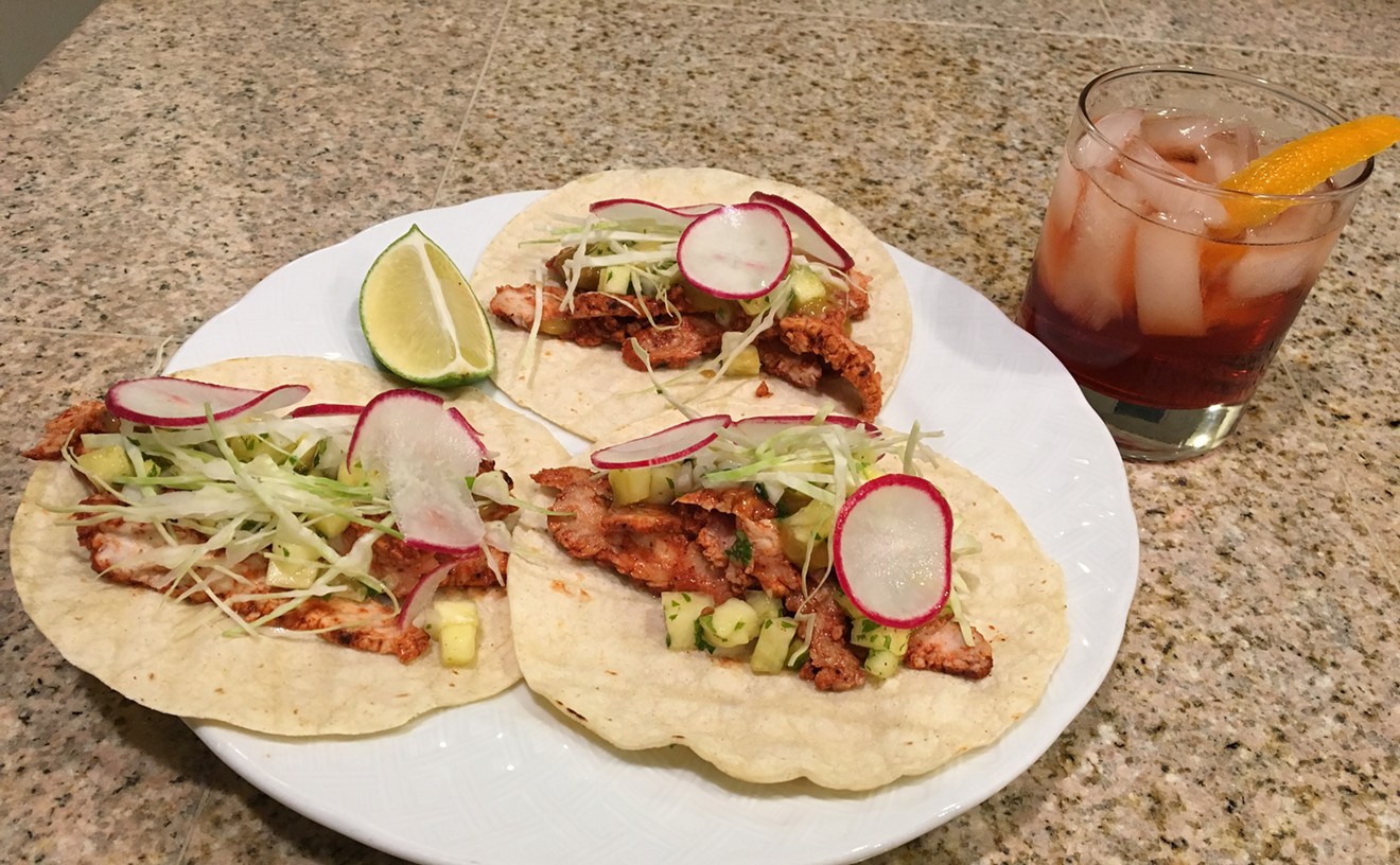 Taylor frequently makes tacos al pastor on his day off. He pairs them with a negroni.