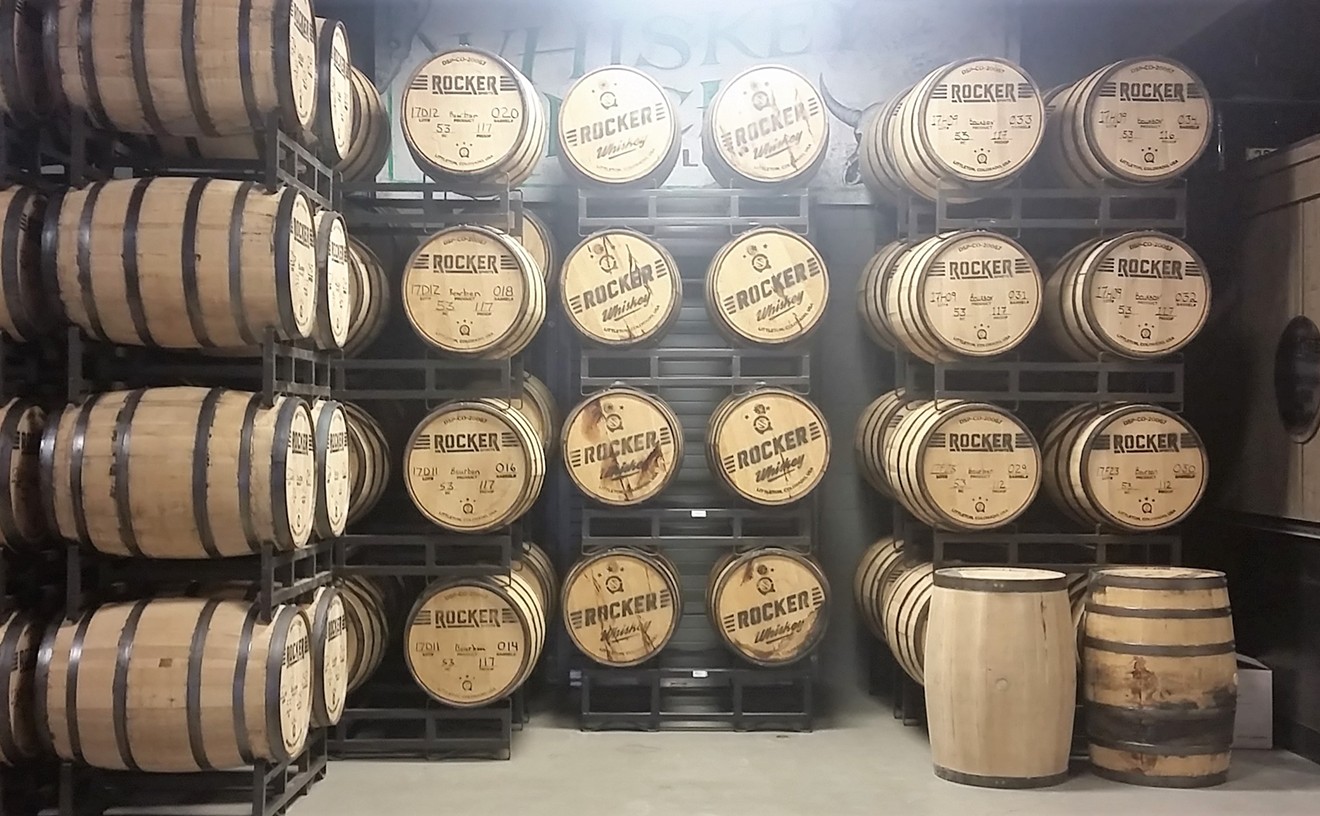 Barrels of spirits aging in the Rocker distillery.