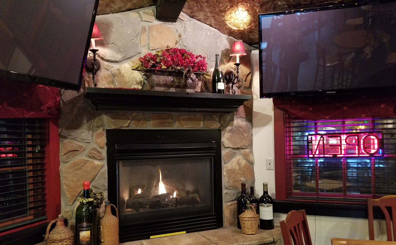 Wine and a fireplace at Virgilio's — the perfect winter retreat.
