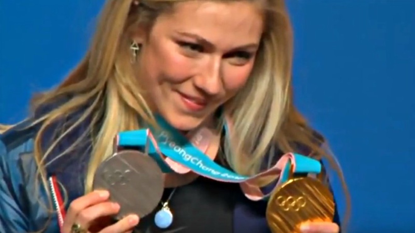 Vail's Mikaela Shiffrin showing off the two medals she won at the 2018 Winter Olympics.