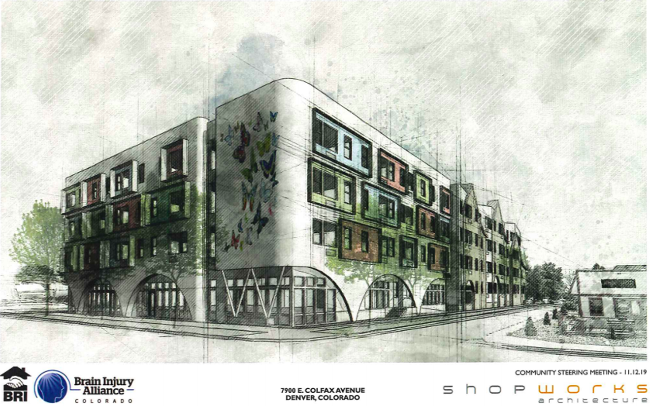 A draft rendering of the future four-story apartment complex that will house people with traumatic brain injuries.