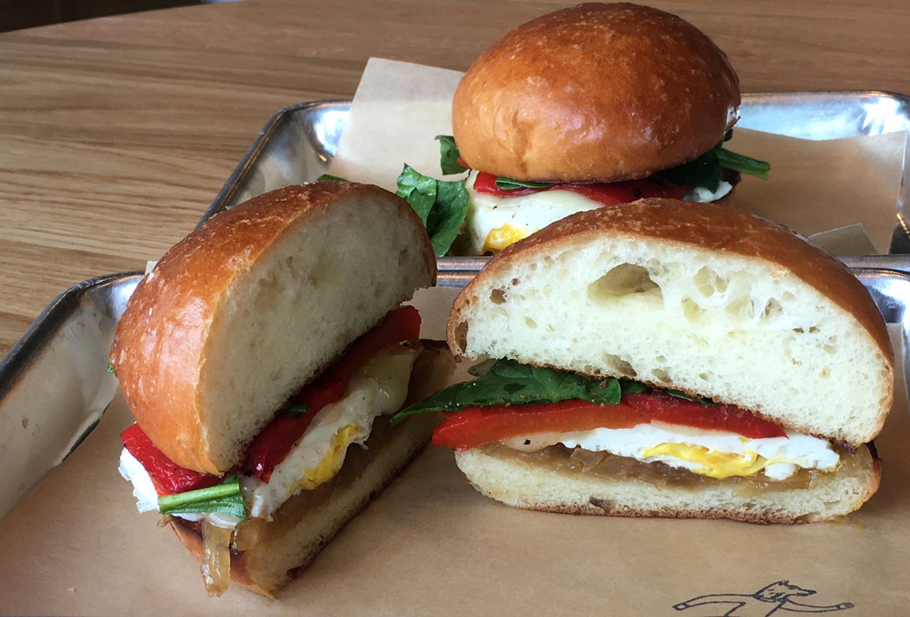 A veggie breakfast sandwich; meatier options are also available.
