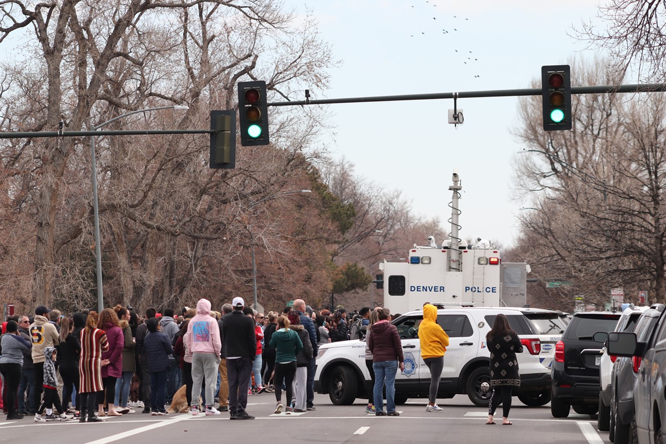 The scene at Denver's East High School following the March 22 shooting.