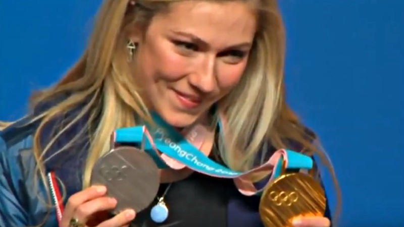 Vail's Mikaela Shiffrin showing off the two medals she won at the 2018 Winter Olympics.