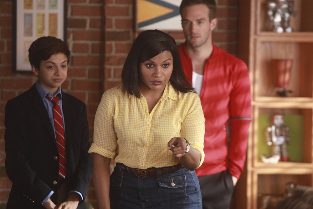 Mindy Kaling (middle) appears with J.J. Totah (left) and Andy Favreau in Champions, NBC's new comedy series about a has-been athlete (Workaholics’ Anders Holm) who takes on the challenge of fatherhood.