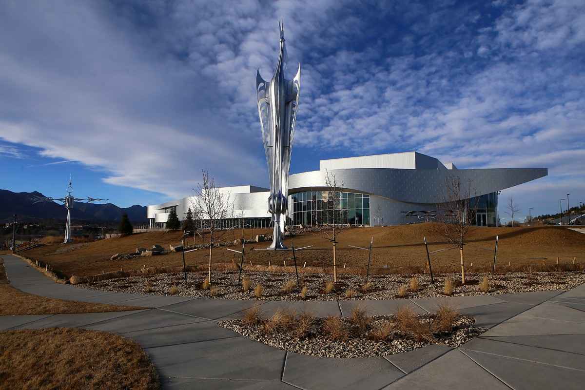 Starr Kempf’s sculptures in front of the Ent Center for the Arts at the University of Colorado Colorado Springs.
