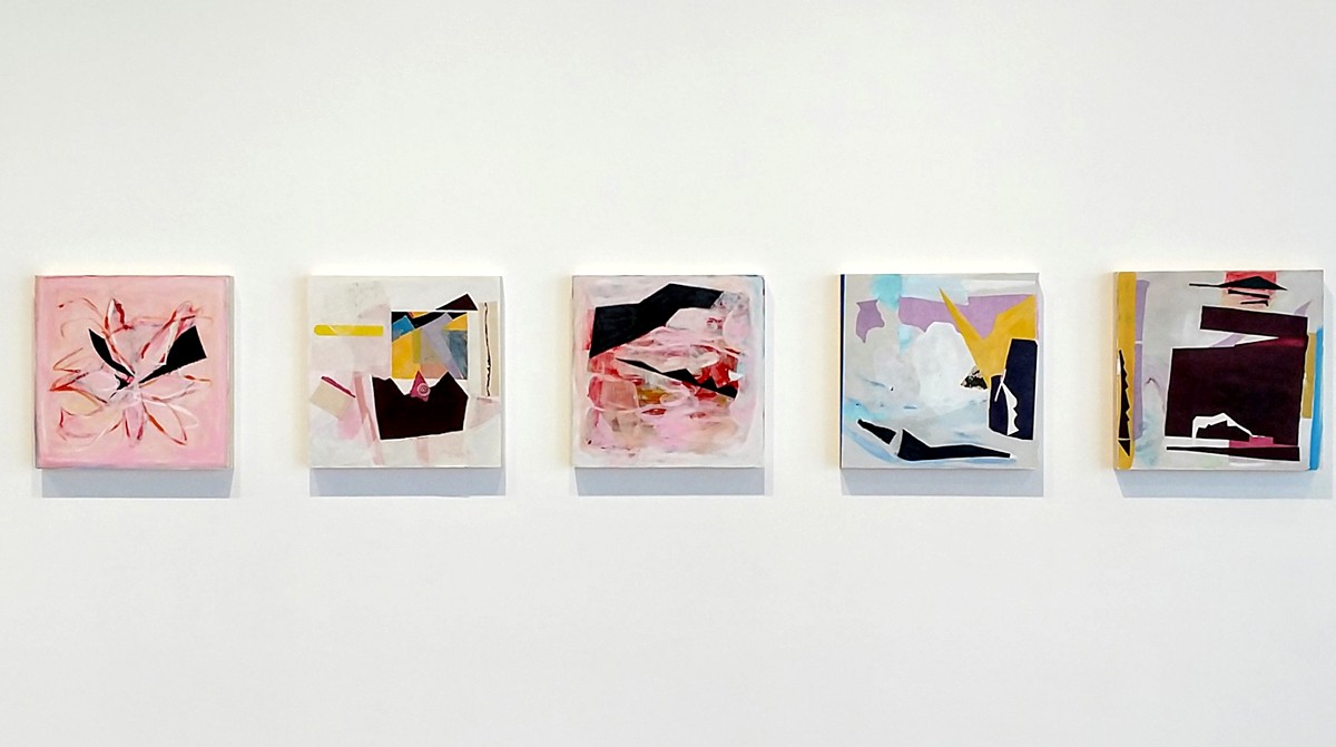 Installation view of Lorelei Schott’s “Barriers and Obstacles” series, mixed media on panels.