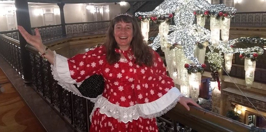 North Pole Poet Laureate Amy Marschak is decked out for the holidays, as is the Brown Palace.