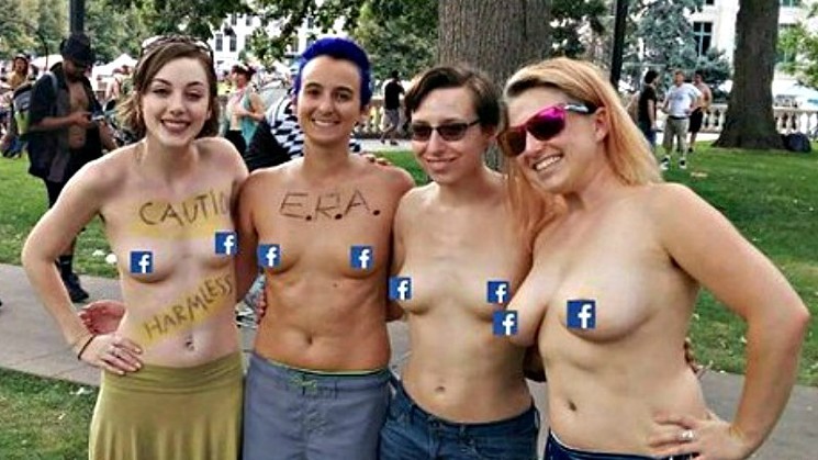 Brit Hoagland, second from left, joins others showing their support for the Free the Nipple movement in a Facebook-friendly photo.