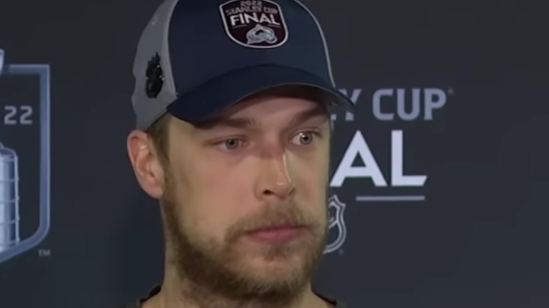 Colorado Avalanche goalie wearing a shell-shocked expression after game three of the Stanley Cup finals.