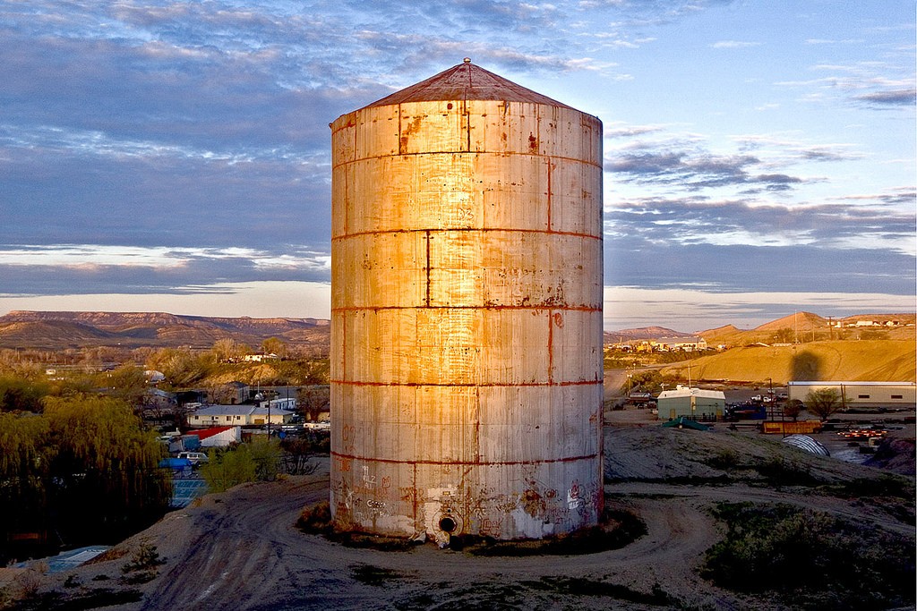 The Rangely water tank, now the TANK Center for Sonic Arts, illuminated at dawn.