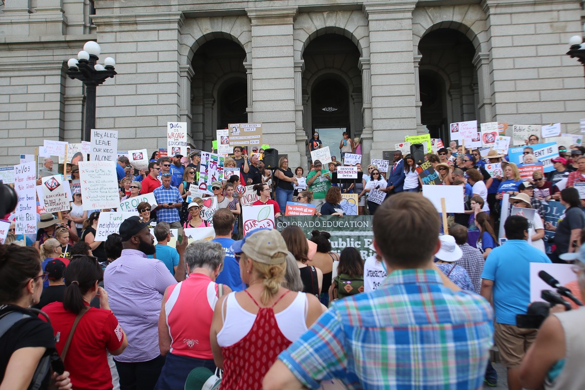 An instance of local activism: Hundreds gathered at the State Capitol on Wednesday, July 19, to protest U.S. Secretary of Education Betsy DeVos while she was in town for a public speaking engagement.