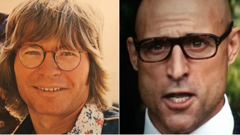 John Denver circa the 1970s and Mark Strong belting out "Country Roads" in a scene from Kingsman: The Golden Circle.