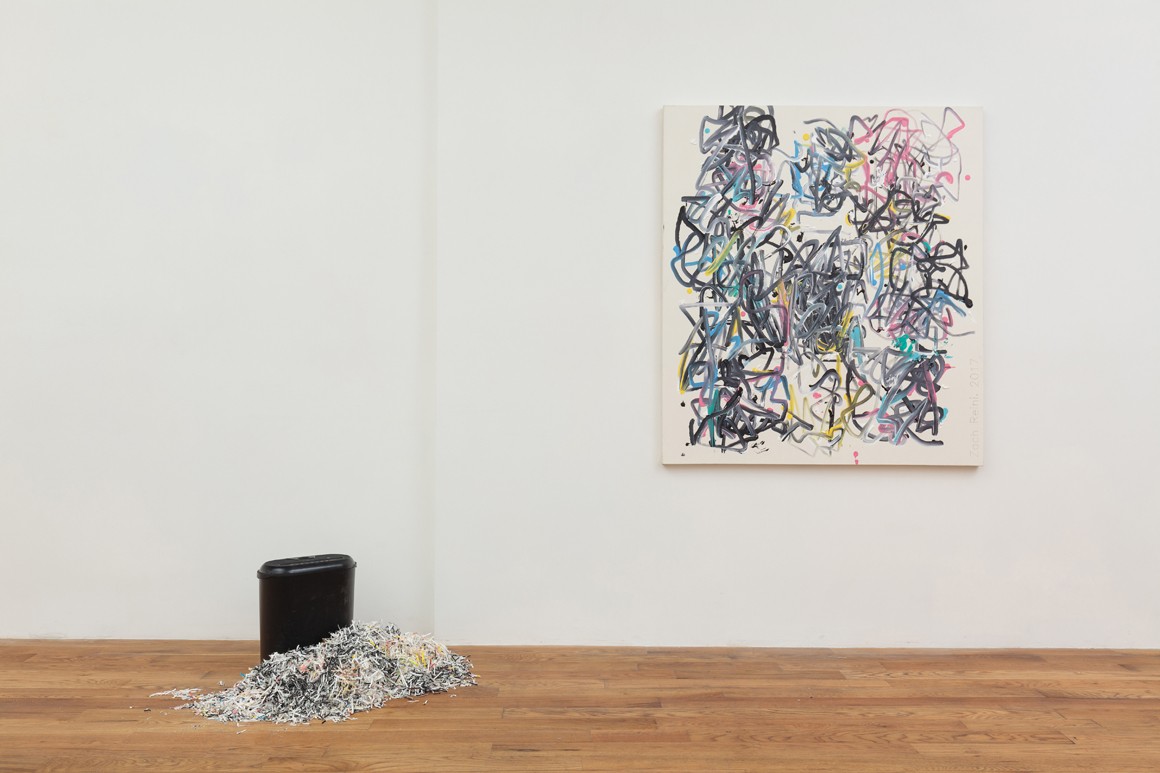 Zach Reini, “Untitled (Shred it),” paper shredder and shredded paintings (left); “Deus Ex Machina 1,” acrylic and Sharpie.