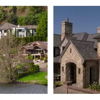 Screen captures offering looks at Russell Wilson's former home in Bellevue, Washington, and his new pad in Cherry Hills Village.