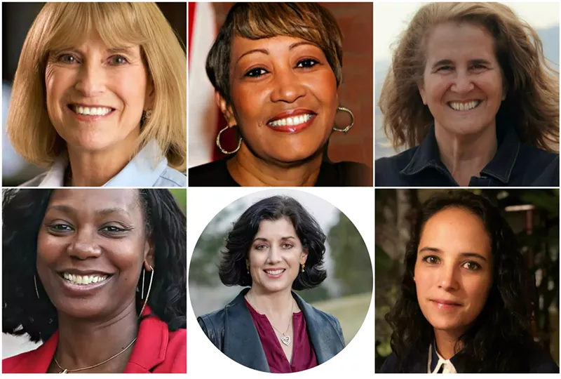 Image: Alice Madden, Angela Williams, Diana Bray, Lorena Garcia, Michelle Ferrigno Warren and Stephany Rose Spaulding (clockwise from upper left) are running for U.S. Senate in Colorado.
