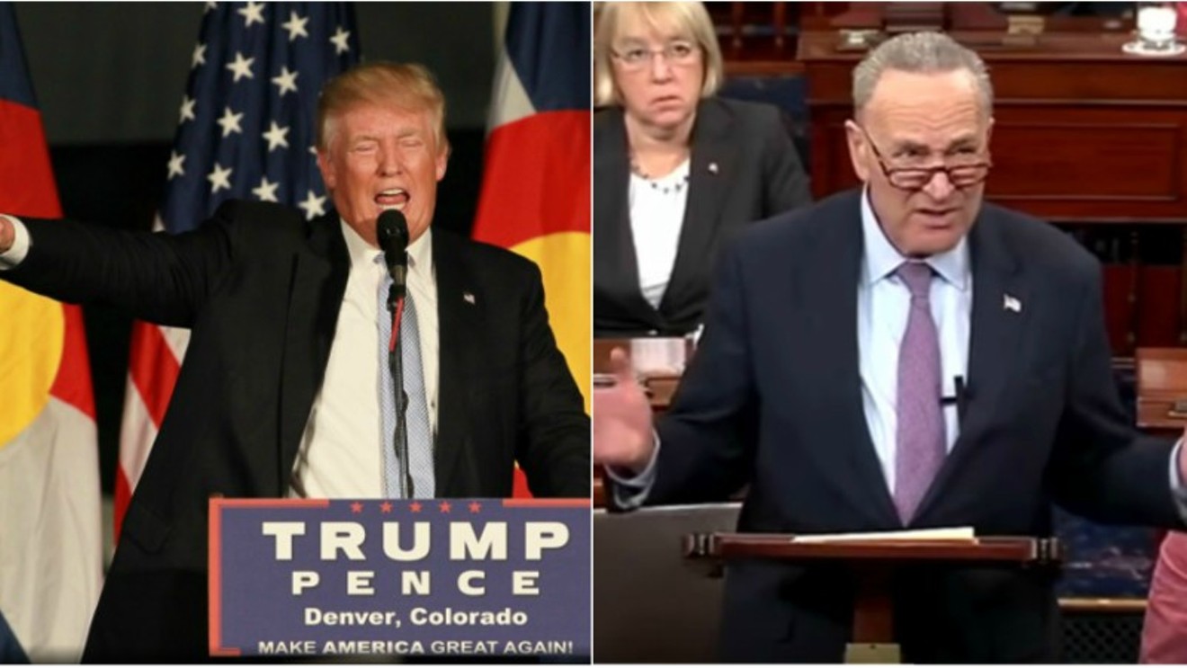 Republican Donald Trump in Colorado during a 2016 campaign stop, and U.S. Senator Chuck Schumer, a Democrat from New York.