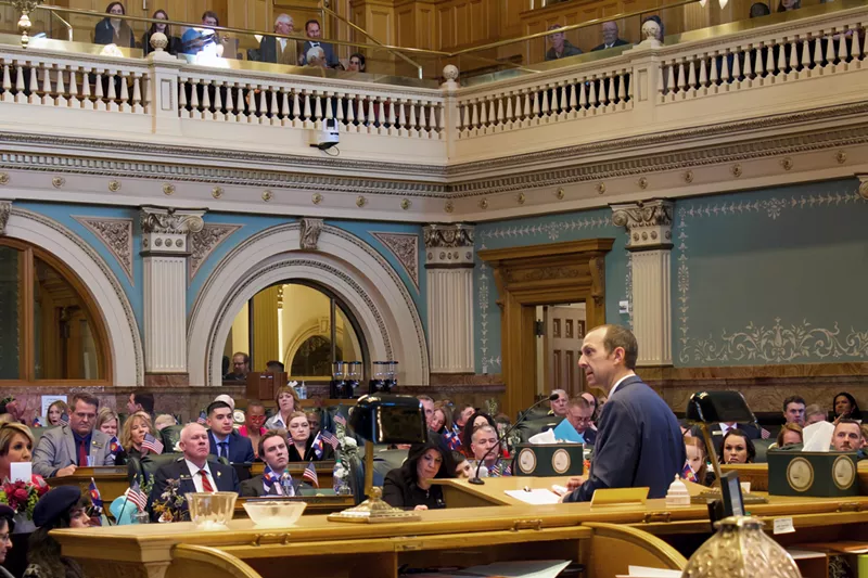 Image: House Speaker Pro Tem Andrew Boesenecker speaking on the House floor on Wednesday, January 8, 2025.