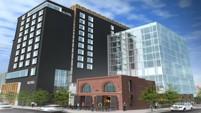 Image: A rendering of the Denver Hose House No. 1 and a hotel to be built around it.