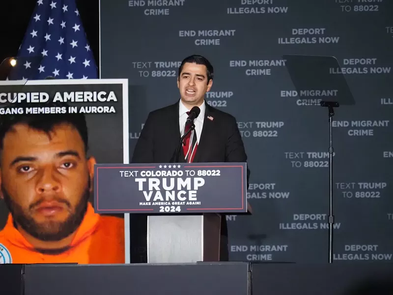 Image: Then-candidate Gabe Evans, now a member of Congress in Colorado’s 8th Congressional District, speaks during a rally for President Donald Trump, Oct. 11, 2024, at the Gaylord Rockies Resort in Aurora.