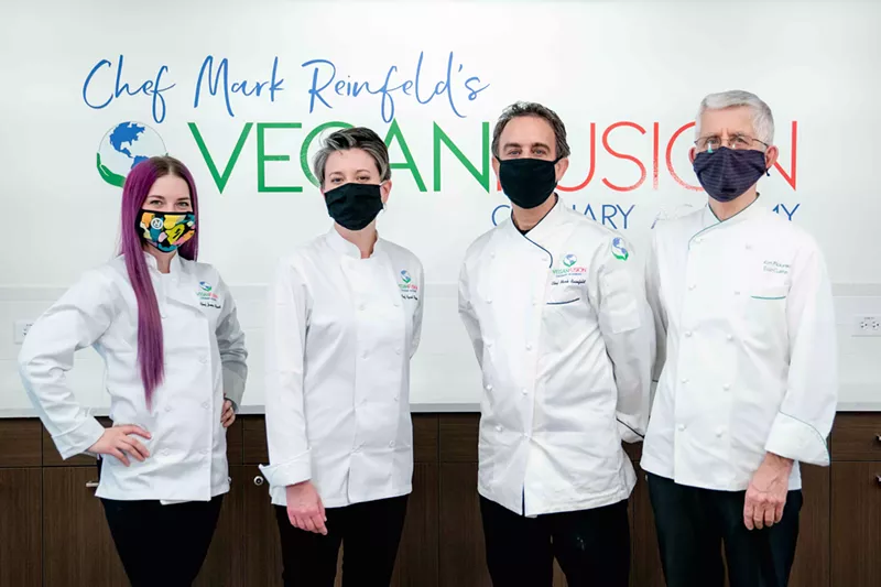 Image: Chef instructors Jamie Niland and April Stamm (left) with school founder and director Mark Reinfeld and culinary advisor Ron Pickarski (right).