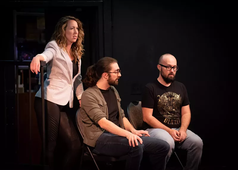 Image: Tracy Denver, Andy Seracuse and Hayes Burton rehearse for Vintage Theatre's upcoming production of tick, tick ... BOOM!