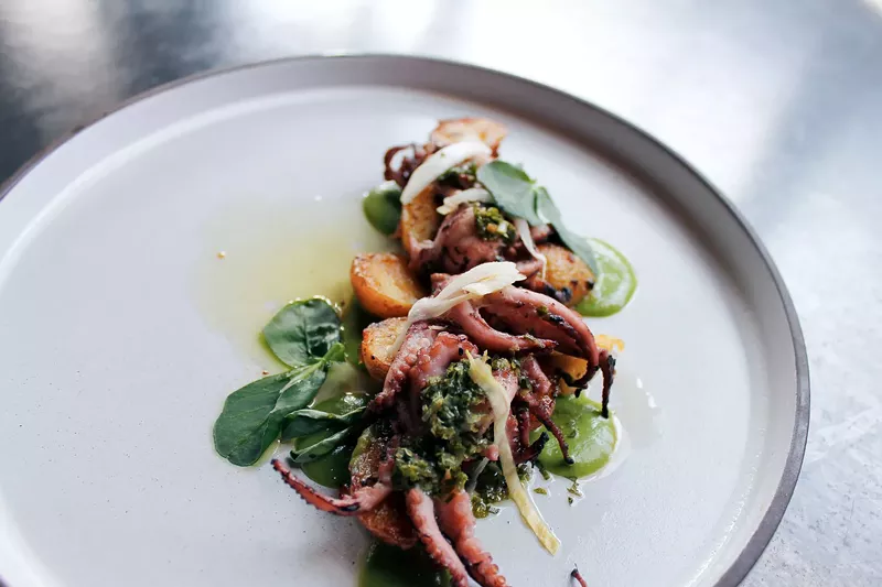 Image: Even if you don't order from the Market Menu, you can still get fresh Colorado tastes like new potatoes and fava beans on this grilled baby octopus dish.