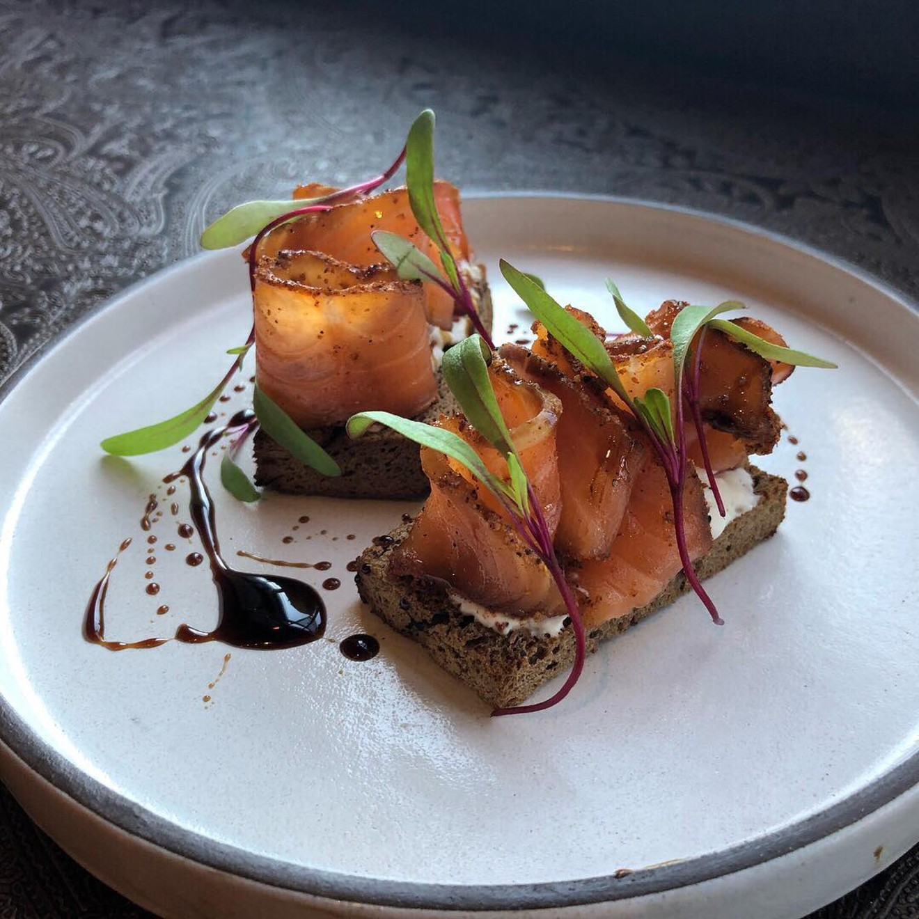 At Vesta, chef Nicholas Kayser's salmon pastrami dish is as pretty as it is delicious.