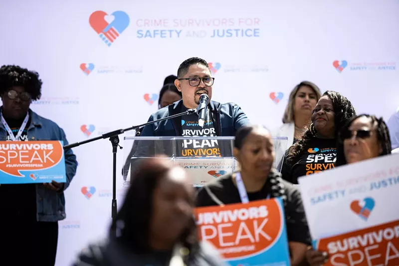 Image: Danny Montes from the Crime Survivors for Safety and Justice speaks to a crowd.