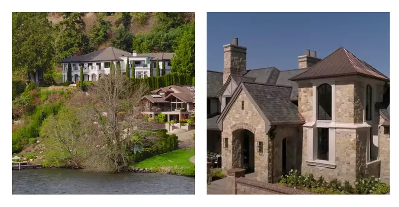 Image: Screen captures offering looks at Russell Wilson's former home in Bellevue, Washington, and his new pad in Cherry Hills Village.