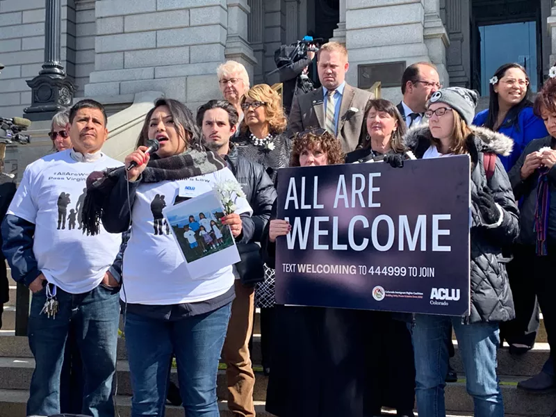 Image: Ana Temu of the ACLU of Colorado speaking about Virginia's Law on the steps of the Capitol on February 27.