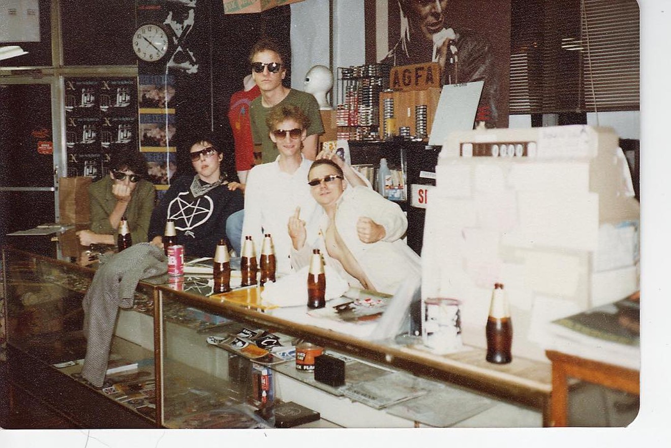 A typical scene at Wax Trax in the ’80s. Left to right:  A Sussman twin, Jeri Rossi, Michael Sidlow, James Langan and Jeff Ross, the night the Dead Kennedys played the Mercury Cafe. Only Rossi worked there at the time.
