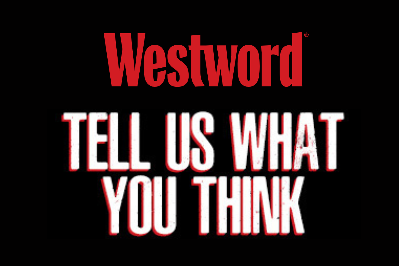 Black graphic that says "Tell us what you think"