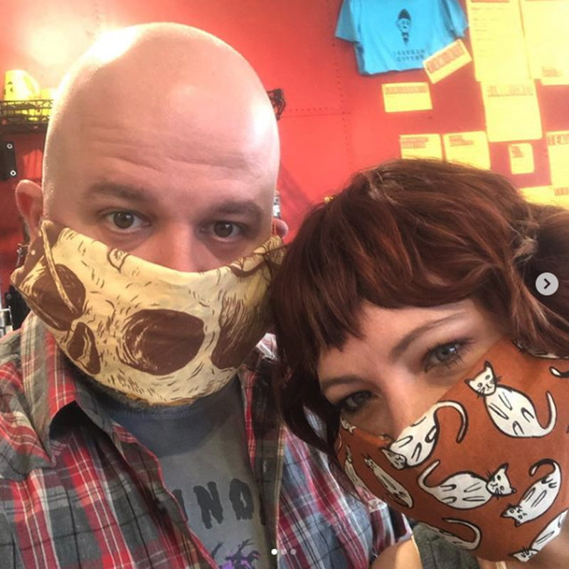 Image: Kyle and Fallene Wells practicing safe habits by wearing homemade masks during a shift at Torpedo Coffee.