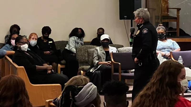 Image: Aurora Police Chief Vanessa Wilson during a November 21 talk with young city residents about recent violence near schools.