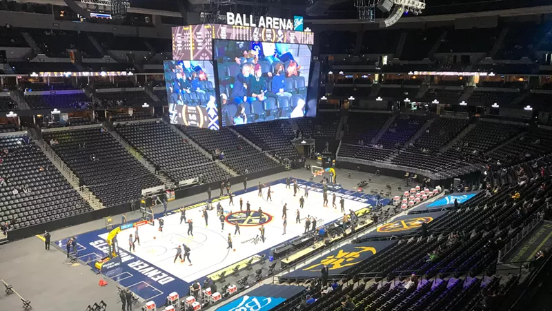 Image: A view from the cheap seats of Ball Arena before the April 7 game between the Denver Nuggets and the San Antonio Spurs.