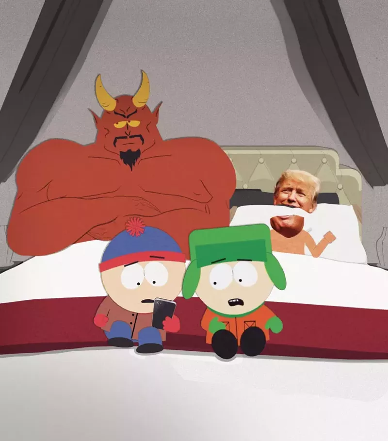 Image: trump and satan in bed while the south park boys cringe at a phone