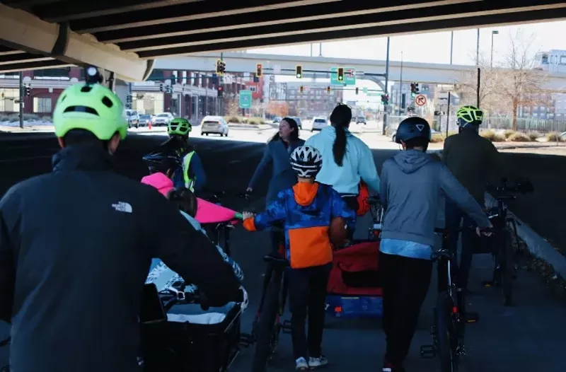 Image: Neighborhood resident Brittany Spinner shows her proposed I-25/Broadway interchange mobility improvements to Ean Tafoya and members of the Denver Bicycle Lobby.
