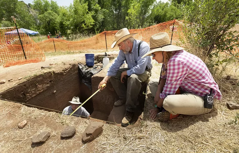 Image: Digging up the past: Rolfe Mandel (from left), Mark Mitchell and Michelle Koons at Magic Mountain archaeological dig.