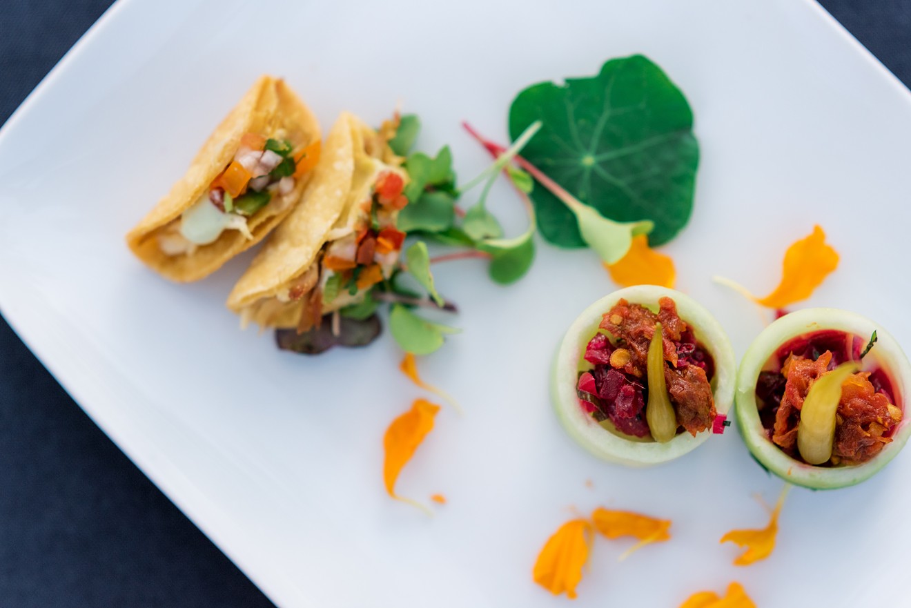 Long Table Farmstead smoked chicken tacos, pico de gallo, avocado crema and beet salad cucumber cups, leek and flageolet purée and farm tomato conserva.