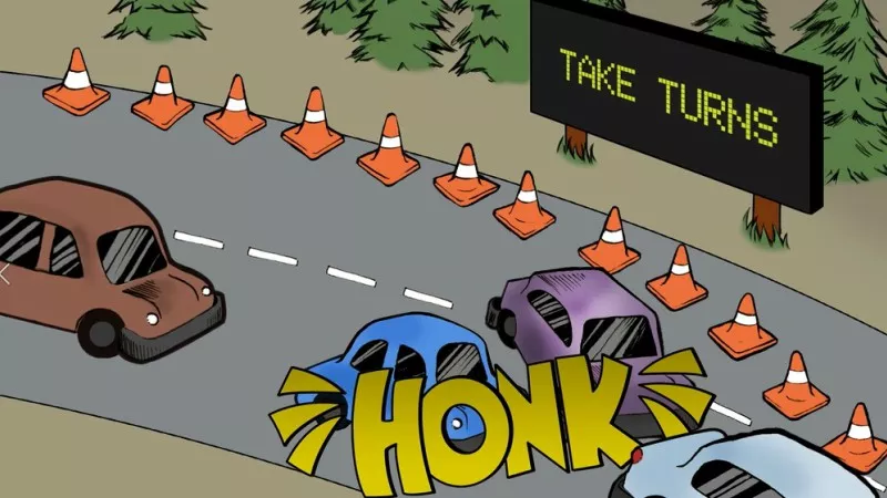 Image: A screen capture from a Colorado Department of Transportation video promoting the late merge, also known as the zipper merge.