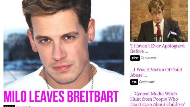 Image: A screen capture from yesterday's Breitbart News home page with the announcement that controversy-magnet Milo Yiannopoulos has separated from the site.