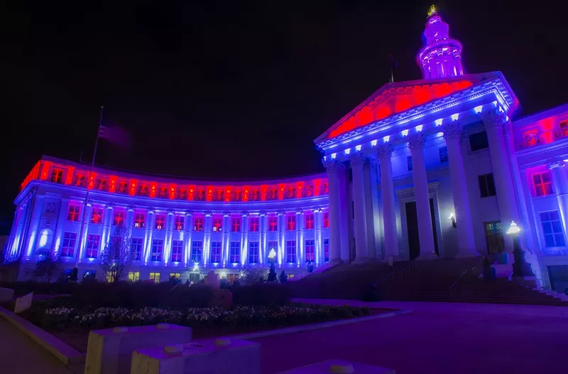 Image: municipal building light blue and red