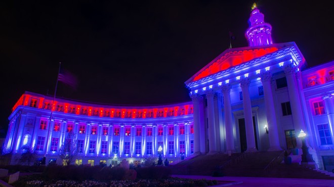 municipal building light blue and red