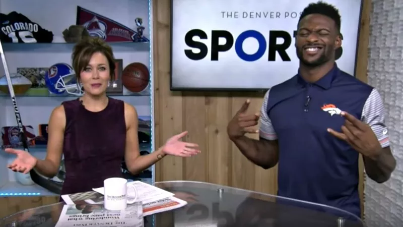 Image: Emmanuel Sanders made this appearance alongside the Denver Post's Alexis Perry last September, months after an investigation into a sexual-assault claim against him was launched.