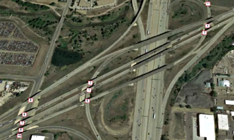 Image: An overhead view of Interstate 70 through the Central 70 work zone, with the bridges marked for repair numbered.