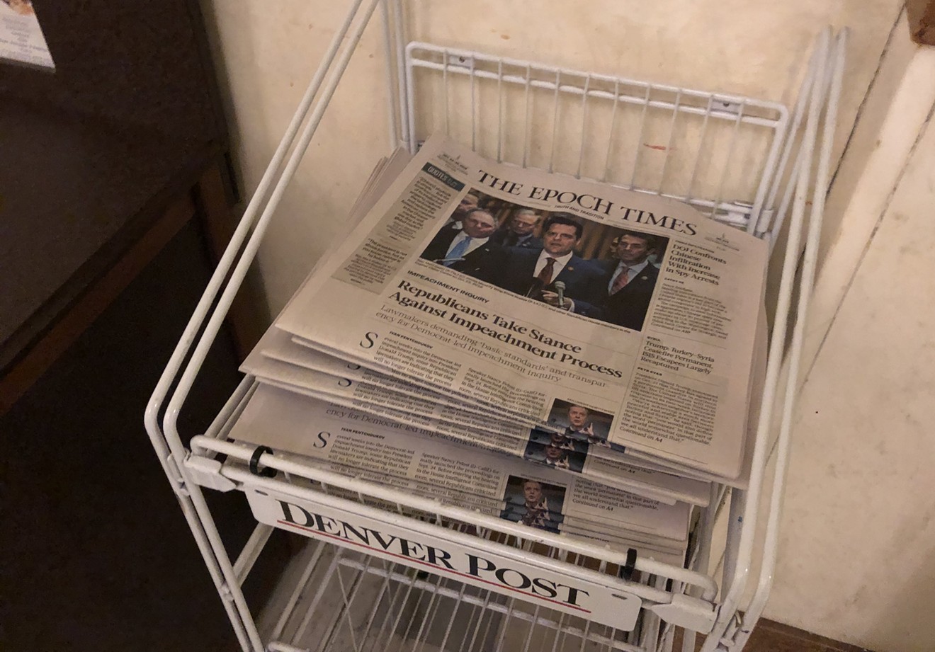Copies of the Epoch Times in a newsstand in the Colorado State Capitol's cafeteria on October 28, 2019.
