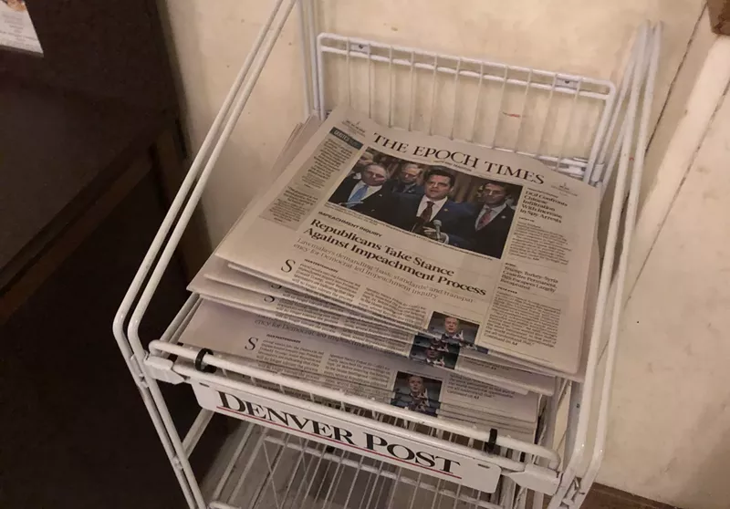Image: Copies of the Epoch Times in a newsstand in the Colorado State Capitol's cafeteria on October 28, 2019.