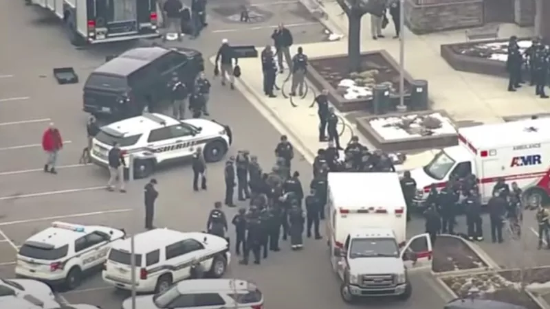 Image: The law enforcement response to the shooting at the Boulder King Soopers as seen from the air.